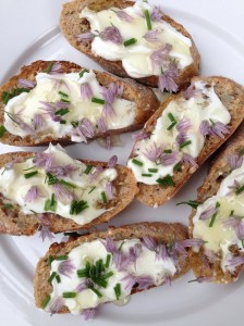 Chèvre crostini with chive blossoms and honey